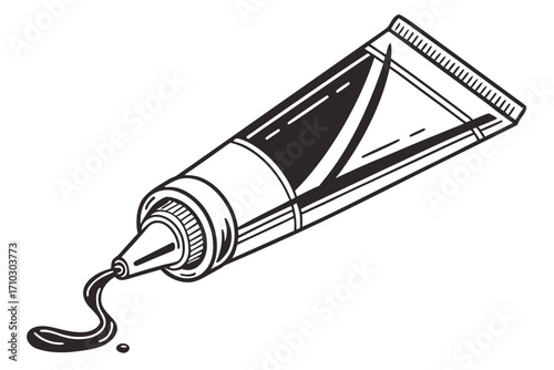 Black and white illustration of a squeeze tube with dark liquid dispensing