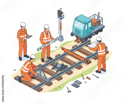 Isometric vector illustration of railway engineers maintaining train tracks with equipment and tools