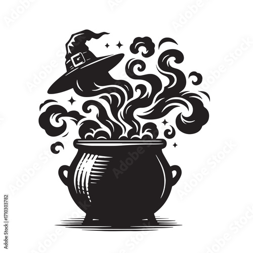 Black Witch Cauldron with Smoke Silhouette Vector Illustration design, Solid White Background