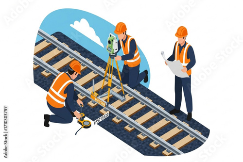 Isometric vector illustration of railway engineers surveying and inspecting train tracks with equipment