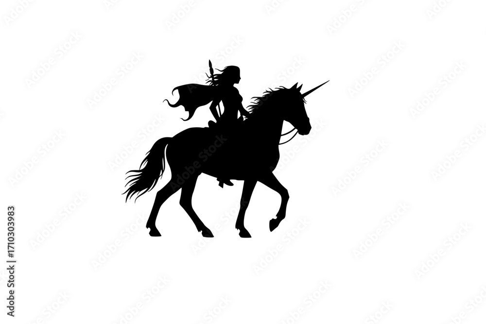 Naklejka premium Silhouette of a Fearless Woman Riding a Majestic Unicorn in Fantasy Art Style, Vector Art: Brave Female Rider on a Fantasy Unicorn, Monochrome Silhouette