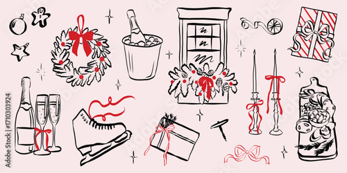 Whimsical chalk doodles of Christmas party. Quirky icons of breakfast and dinner meals in crayon style. Crayon drawing for menus and invitations. Celebration charcoal vector illustration