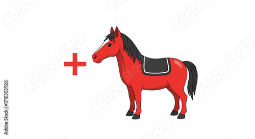 Illustration showcasing addition concept with a red plus sign and a horse drawing
