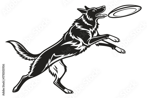 Dynamic black and white illustration of a dog catching a frisbee in mid air