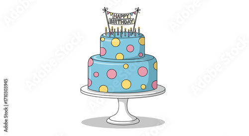 Illustrative polka dotted birthday cake with lighted candles on a white stand celebration