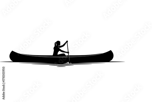 Monochrome Silhouette of a Woman Paddling a Canoe on Water, Minimalist Black and White Vector of a Woman Rowing a Canoe