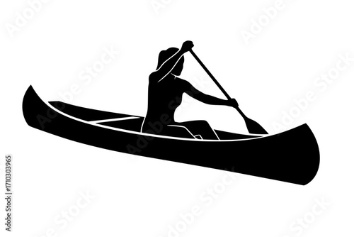 Monochrome Silhouette of a Woman Paddling a Canoe on Water, Minimalist Black and White Vector of a Woman Rowing a Canoe