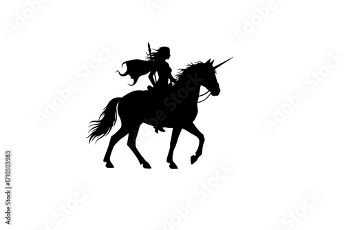 Silhouette of a Fearless Woman Riding a Majestic Unicorn in Fantasy Art Style, Vector Art: Brave Female Rider on a Fantasy Unicorn, Monochrome Silhouette