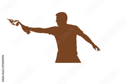 Silhouette of a Man Throwing a Molotov Cocktail in a Protest Scene

Vector Art: Aggressive Figure with a Molotov Cocktail, Modern Silhouette