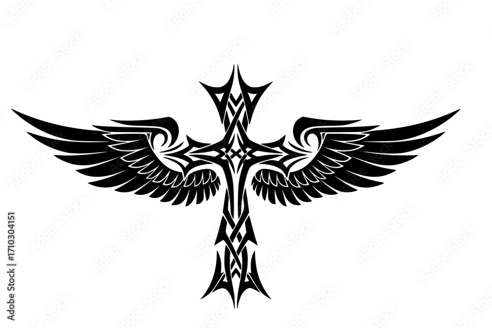 Fototapeta premium Modern Abstract Line Art of a Cross with Wings, Tribal Tattoo Style, Minimalist Contour Vector Illustration: Tribal Tattoo Cross with Wings
