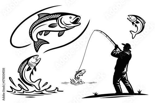 Fisherman catches jumping fish in dynamic fishing scene