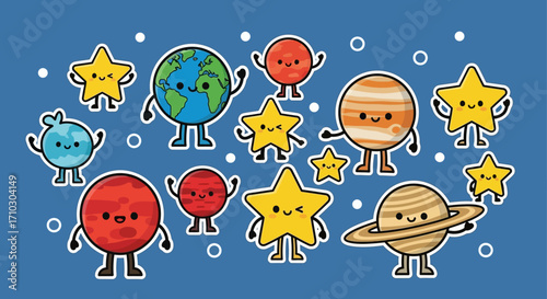 Cute Kawaii Planets and Stars Cartoon Characters Collection.