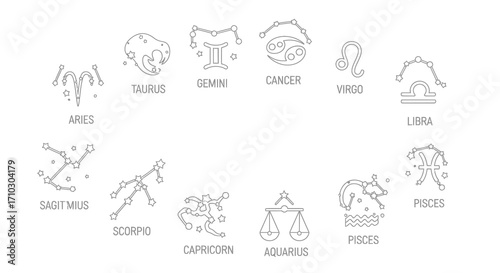 Minimalist outline illustration showing twelve zodiac signs with constellations on a white