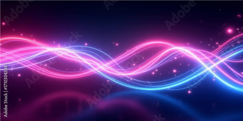 Vibrant purple and blue light waves create a futuristic, glowing abstract pattern