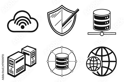 Set of technology and data icons for cloud computing and network security