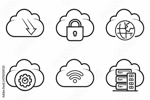 Collection of cloud computing icons representing download security global network settings wi fi and servers