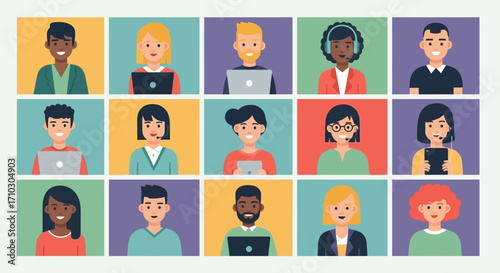 Diverse group of people in a video conference call meeting.