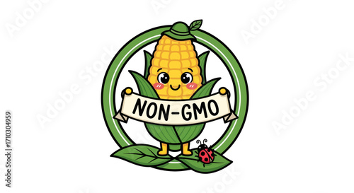 Smiling Corn Character with Non-GMO Banner, Promoting Natural and Healthy Food Choices through