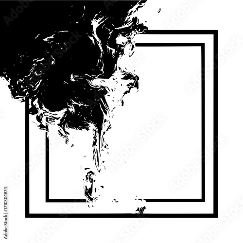 Black ink cloud flowing into a double lined square frame creating a stark contrast on a white background