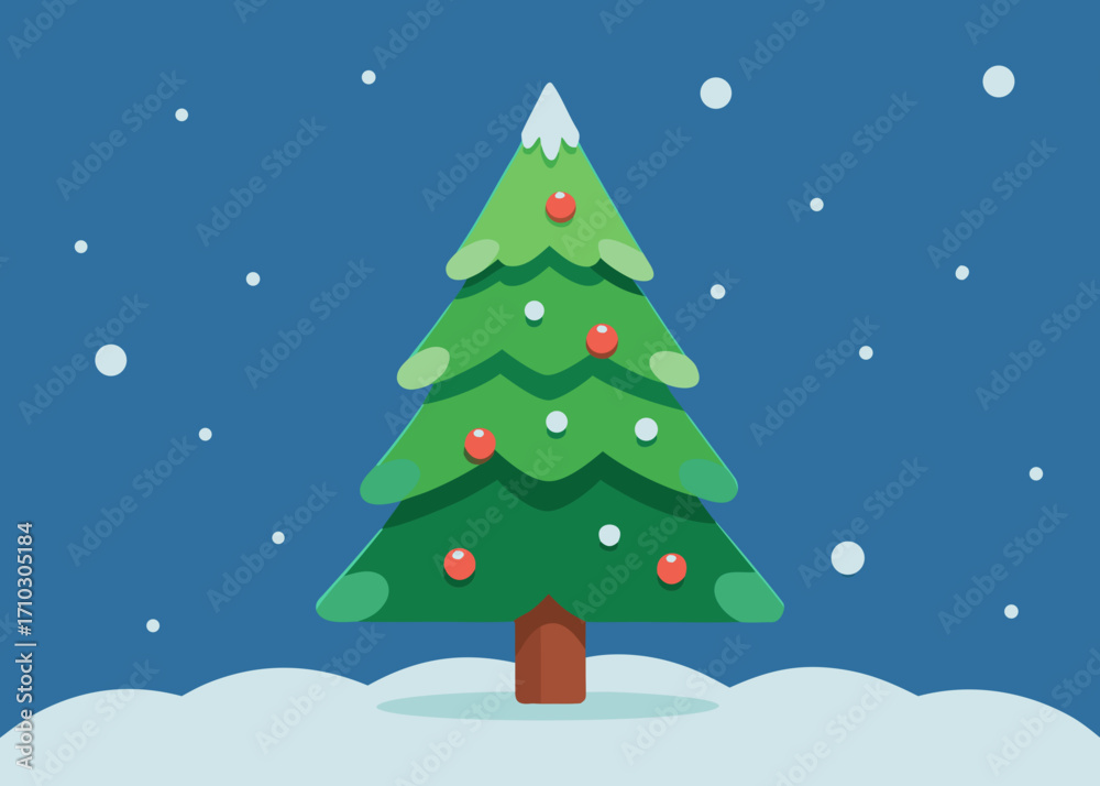 Obraz premium Stylized Christmas Tree with Ornaments in a Snowy Scene Illustration