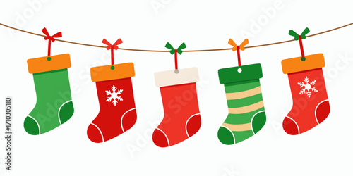 Festive Christmas Stockings Hanging on a String Holiday Decoration Illustration
