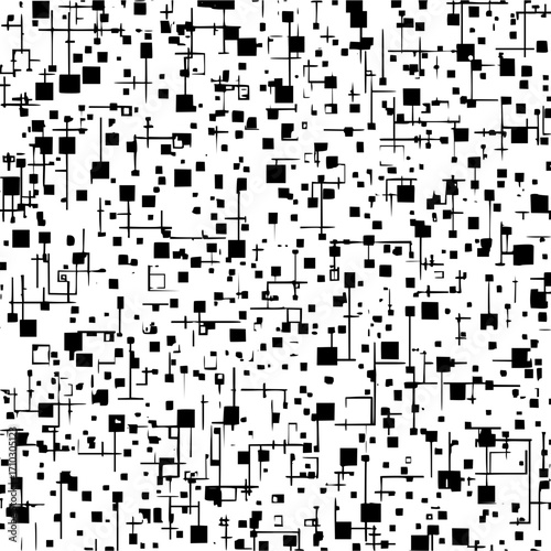 Black and white abstract pattern featuring squares and lines scattered across the entire composition view