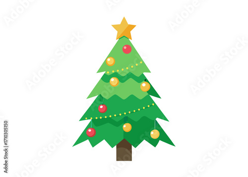 Cartoon Christmas Tree with Ornaments and Star on White Background