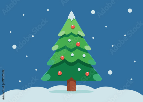 Stylized Christmas Tree with Ornaments in a Snowy Scene Illustration