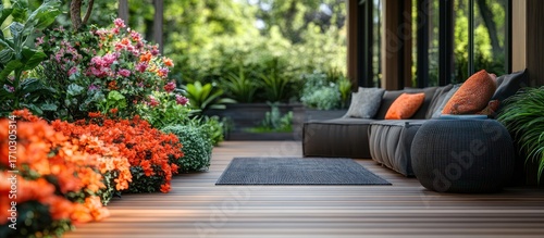 Outdoor patio with garden and furniture.