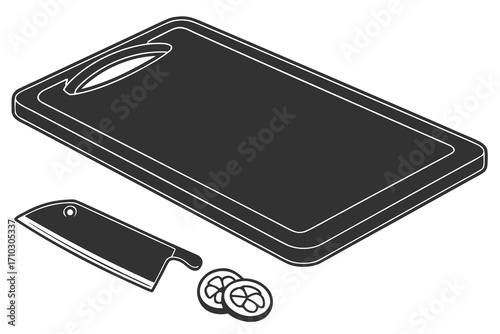 Chopping board knife and sliced vegetables on white background