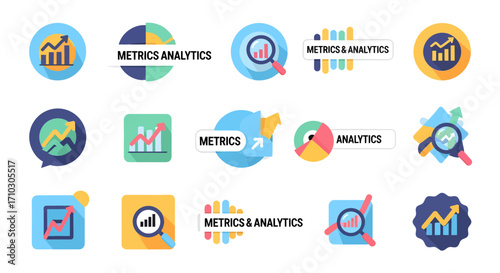 Vibrant collection of metrics and analytics flat icon symbols for data analysis