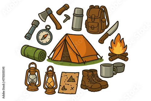 Camping gear icons for outdoor adventure and hiking. Set of vector illustrations including tent, backpack, campfire, boots, map, compass. Tourism and travel equipment concept.
