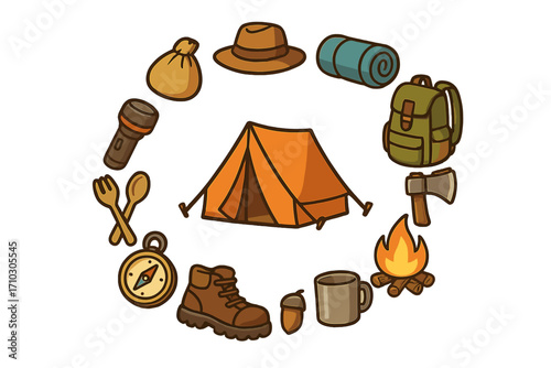 Camping gear icon set. Outdoor adventure and hiking equipment. Collection of vector cartoon elements. Tent, backpack, campfire, compass, boot, axe, flashlight, sleeping bag.