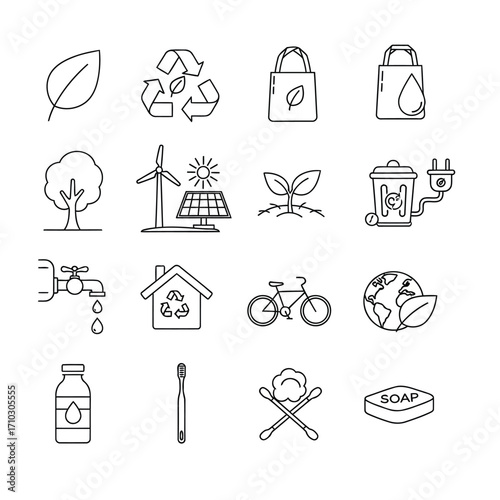 A collection of sixteen line icons representing concepts of sustainability, ecology, and environmentally friendly living, including recycling and renewable energy.