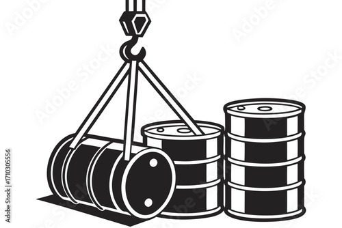 Crane lifting oil barrels industrial logistics and transportation concept