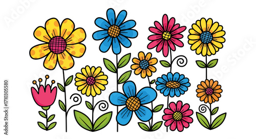 Vibrant floral assortment illustration with whimsical contours and vibrant contrasting hues