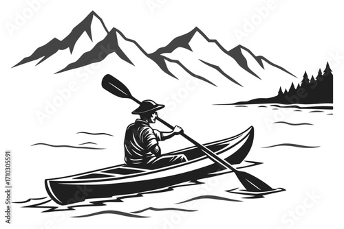 Man kayaking on a lake with mountains and trees in the background