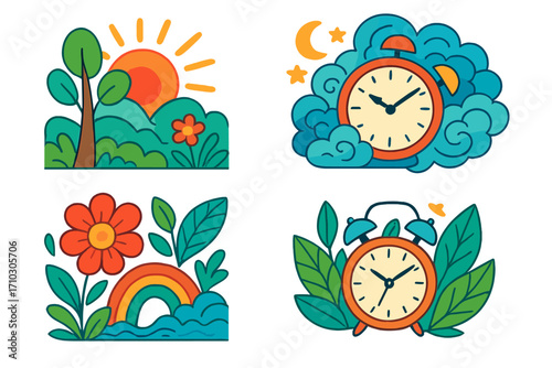Vector sticker set of whimsical cartoon icons about time and nature. Day and night cycle with sun, moon, and stars. Alarm clock for morning wake up. Rainbow and flower.