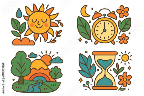 Whimsical nature and time concepts. Vector cartoon illustration set with sun, clock, hourglass, and landscape. Colorful icons for ecology, seasons, and the day-night cycle.