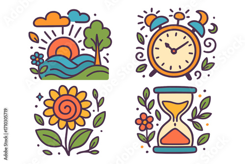 Nature and time icon set. Whimsical cartoon concepts. Sunrise landscape, alarm clock with sun moon, sunflower, hourglass. Abstract doodle vector illustrations for stickers.