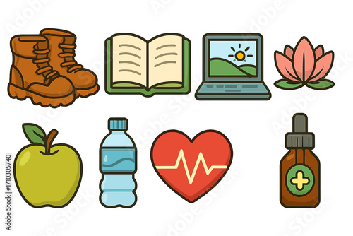 Wellness and healthy lifestyle icon set. Self care, work life balance concept. Outdoor activity, hiking, reading, yoga, nutrition and health care vector symbols collection.