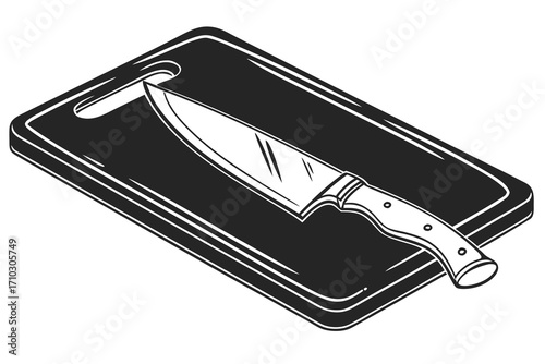 Chef knife resting on a black cutting board isometric view