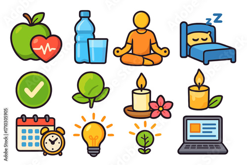 Health and wellness icon set. Healthy lifestyle, daily routine, work life balance. Vector icons for meditation, sleep, nutrition, time management, idea, and self care concept.