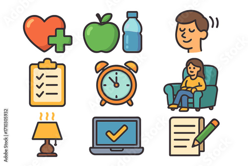 Work-life balance and healthy lifestyle icon set. Vector icons for daily routine, self-care, productivity, wellness, health, relaxation, and time management concepts.