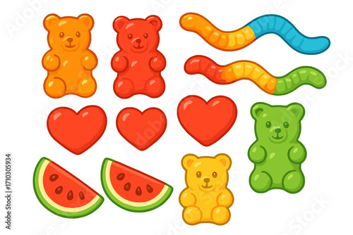 Colorful gummy candies set with bears, worms, hearts, and watermelon shapes. Vector cartoon illustration of fun jelly sweets, fruit snacks, and assorted chewy treats for kids.
