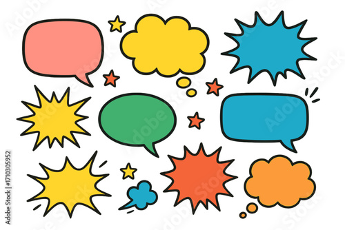 Colorful comic speech bubbles and thought clouds set, starburst explosion elements, cartoon style vector graphic for visual storytelling, dynamic dialog, creative communication, transparent background