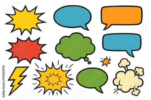 Comic speech bubbles and pop art elements set. Colorful vector cartoon thought bubbles, chat boxes, explosion bursts, and sound effects for retro design and communication.