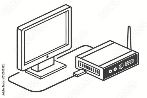 Isometric line art illustration of a computer monitor connected to a network device
