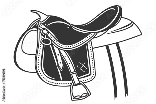 Western horse saddle with stirrup and cinch strap