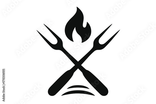 Crossed forks and flame BBQ logo. Barbecue grill icon. Restaurant symbol for steak house or grilling event. Vector silhouette illustration for butchery or meat festival.